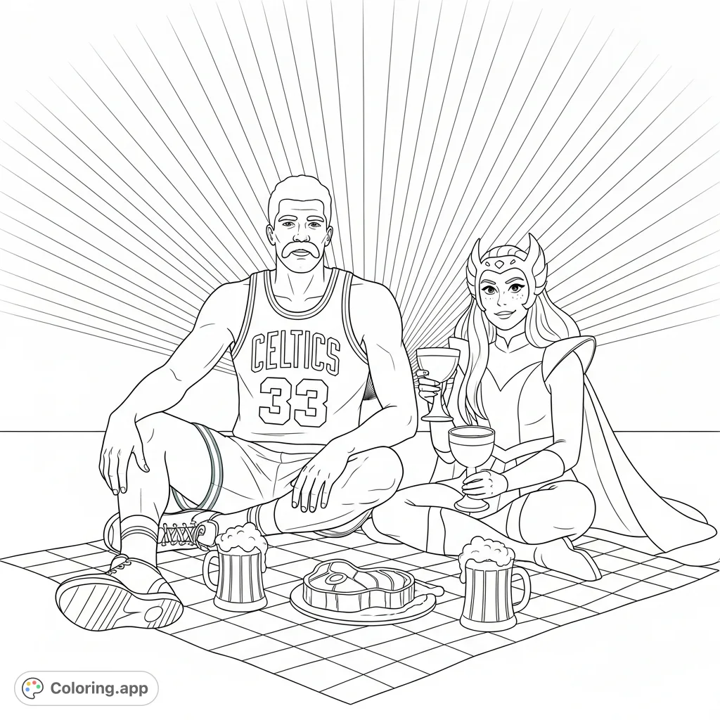 Imagine a unique picnic scene featuring a Celtics player in a #33 jersey, a prominent mustache, and She-Ra, enjoying steak and beer under a grand arc!