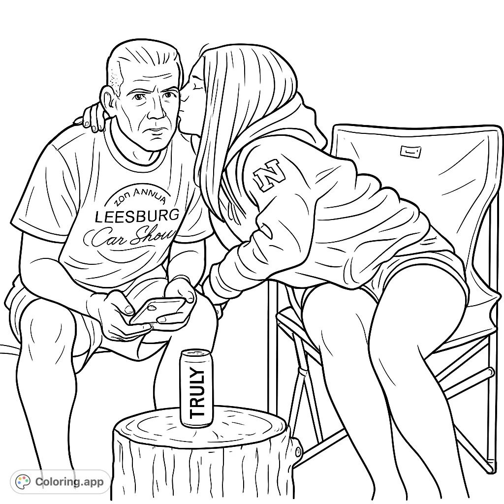 Capture a warm, affectionate moment between a couple seated outdoors at night, sharing a kiss. Features casual attire and a rustic setting.