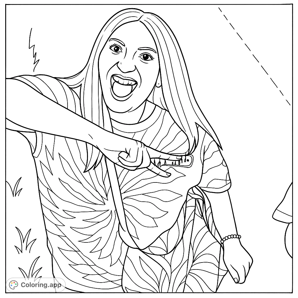 Capture a vibrant, expressive person making a peace sign, wearing a patterned top, with a joyful open-mouthed expression. Perfect for creative coloring!