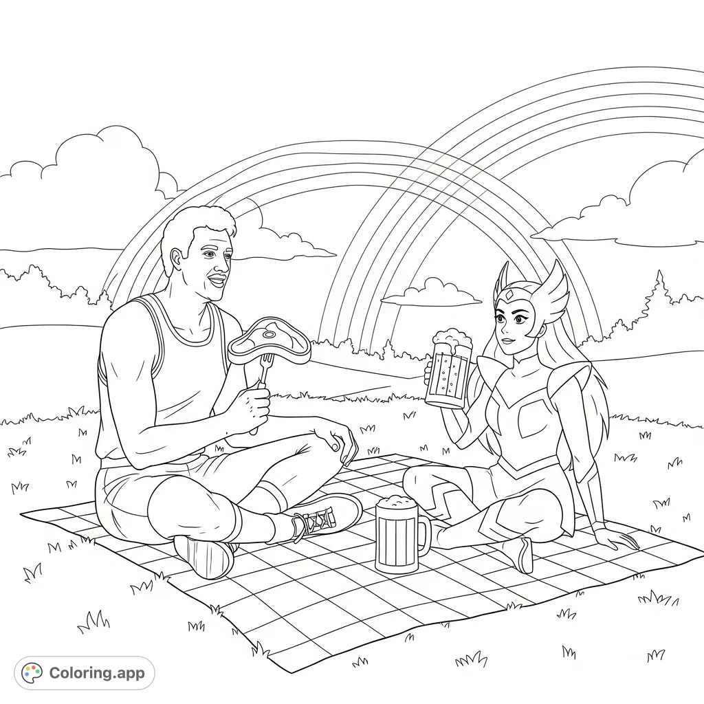 Experience a whimsical picnic date with Larry Bird and She-Ra enjoying steak and beer under a magnificent double rainbow. A unique crossover for adult fans!