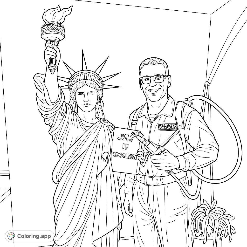 An unexpected duo! The iconic Statue of Liberty stands alongside a smiling Ghostbuster, complete with proton pack and device.