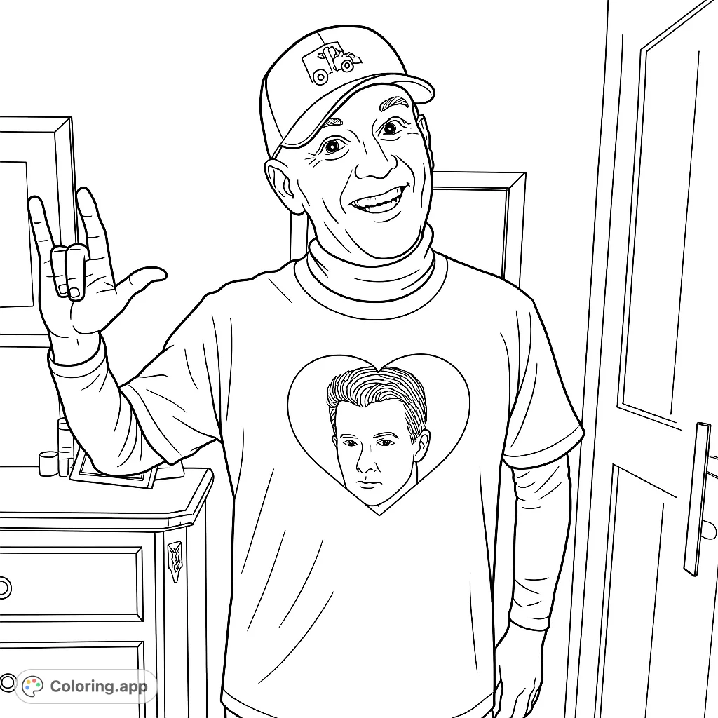 A cheerful man wearing a unique heart t-shirt with a face, golf cap, and cool hand gesture. A fun and personal coloring page for all ages.