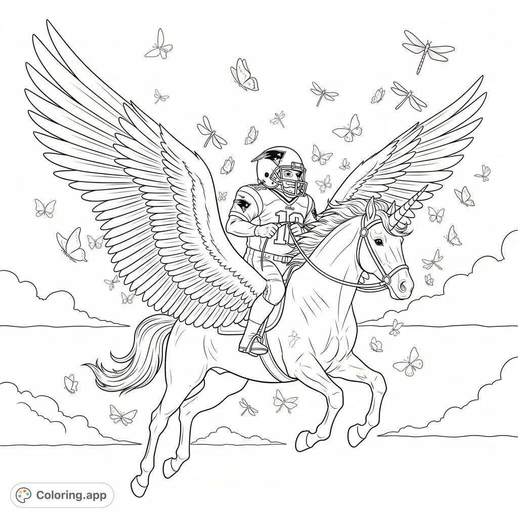 Soar with Pat Patriot on a majestic Pegasus unicorn, surrounded by countless fluttering butterflies and graceful dragonflies in this dynamic aerial scene.