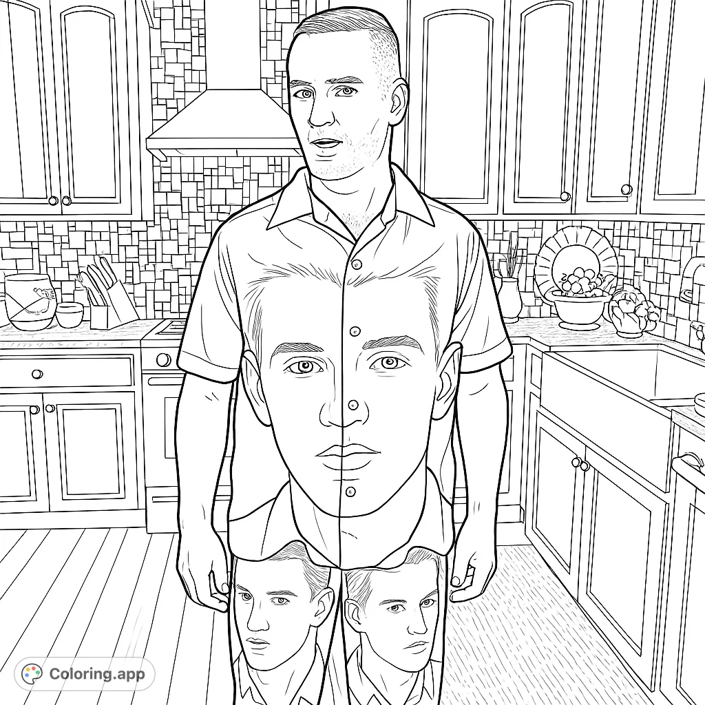 A unique portrait of a man in a kitchen, sporting an eccentric shirt and pants covered with repeating faces, set against a detailed domestic backdrop.