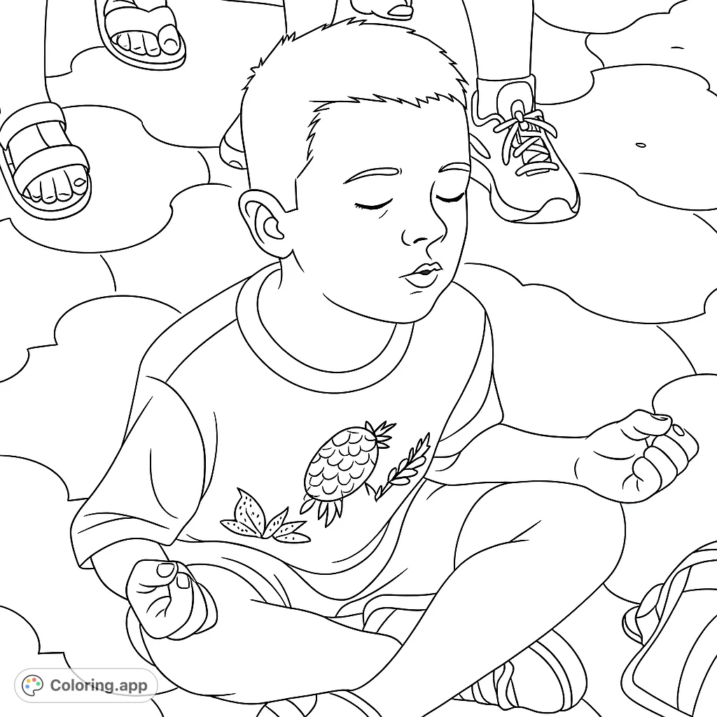 A young boy sits cross-legged with eyes closed, engaging in a peaceful moment of contemplation on a tiled floor, featuring playful turtle designs on his shirt.