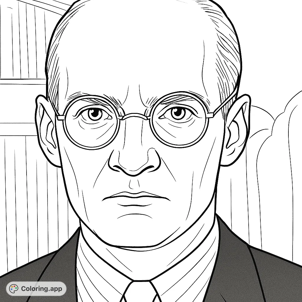 A detailed coloring page featuring a composed man with round spectacles, perfect for practicing realistic shading and exploring subtle facial expressions.