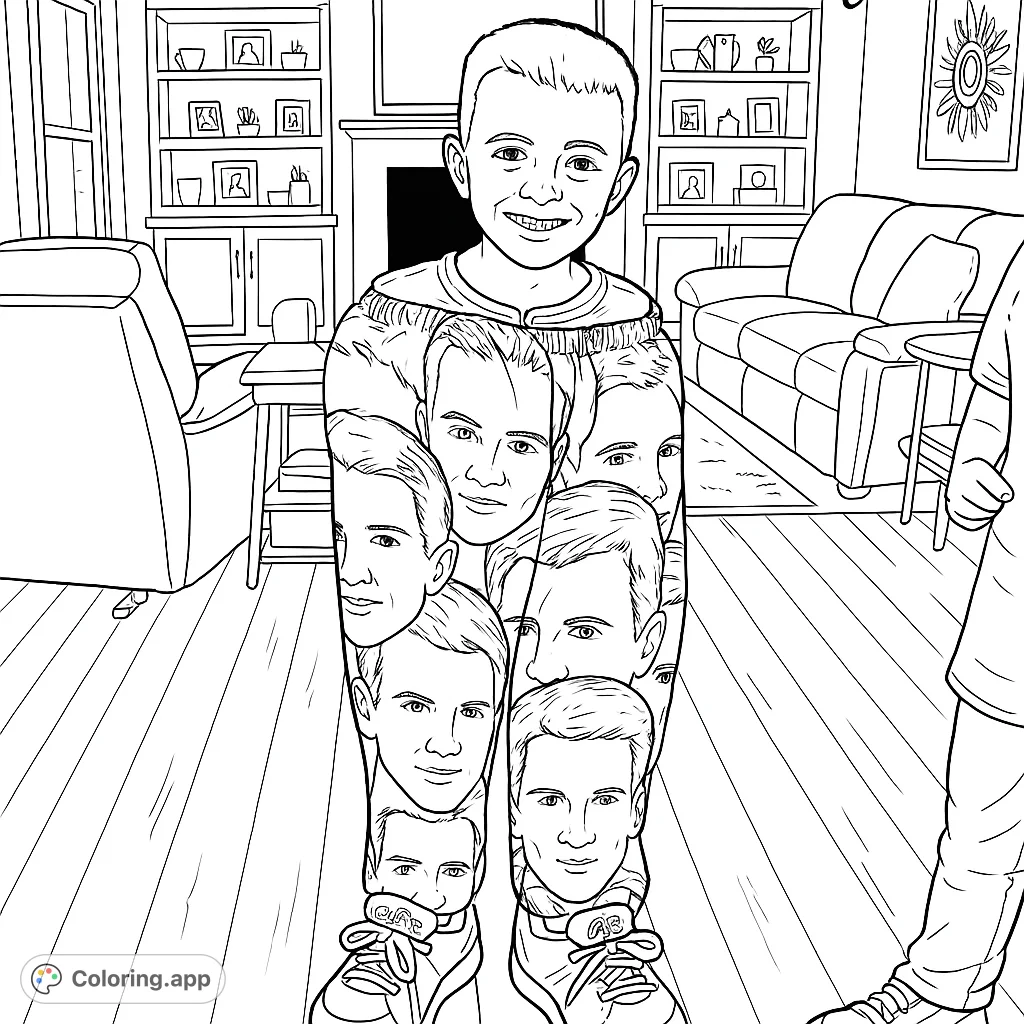 A cheerful boy displays unique pants covered in a repeating face pattern, set against a detailed living room backdrop. A fun, intricate coloring challenge.