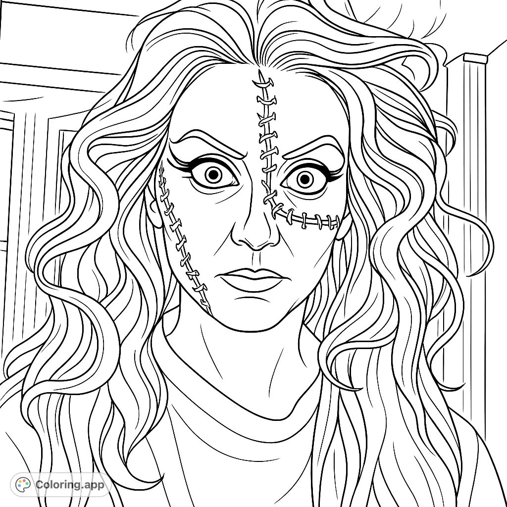 Dive into classic horror with this Frankenstein's Bride coloring page. Features intricate facial stitching, dramatic eyes, and wild hair.