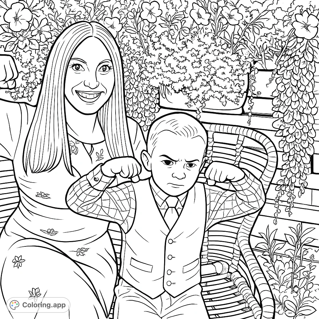 Celebrate family fun with this adorable garden scene! A mom and son show off their strong poses amidst lush plants and flowers, ready for your creative touch.
