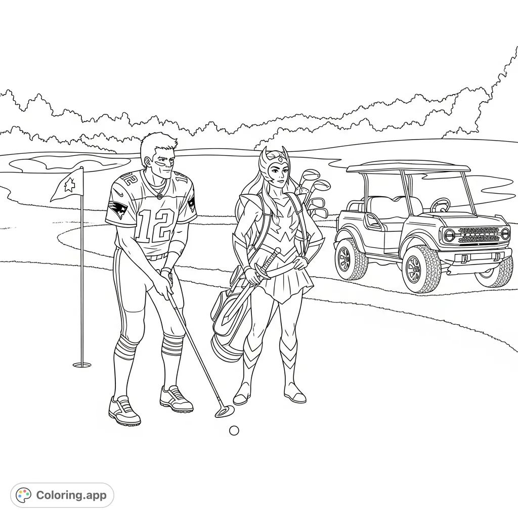An extraordinary golf scene featuring Tom Brady in his Patriots jersey with She-Ra as his caddy, complete with a Ford Bronco golf cart in the background.