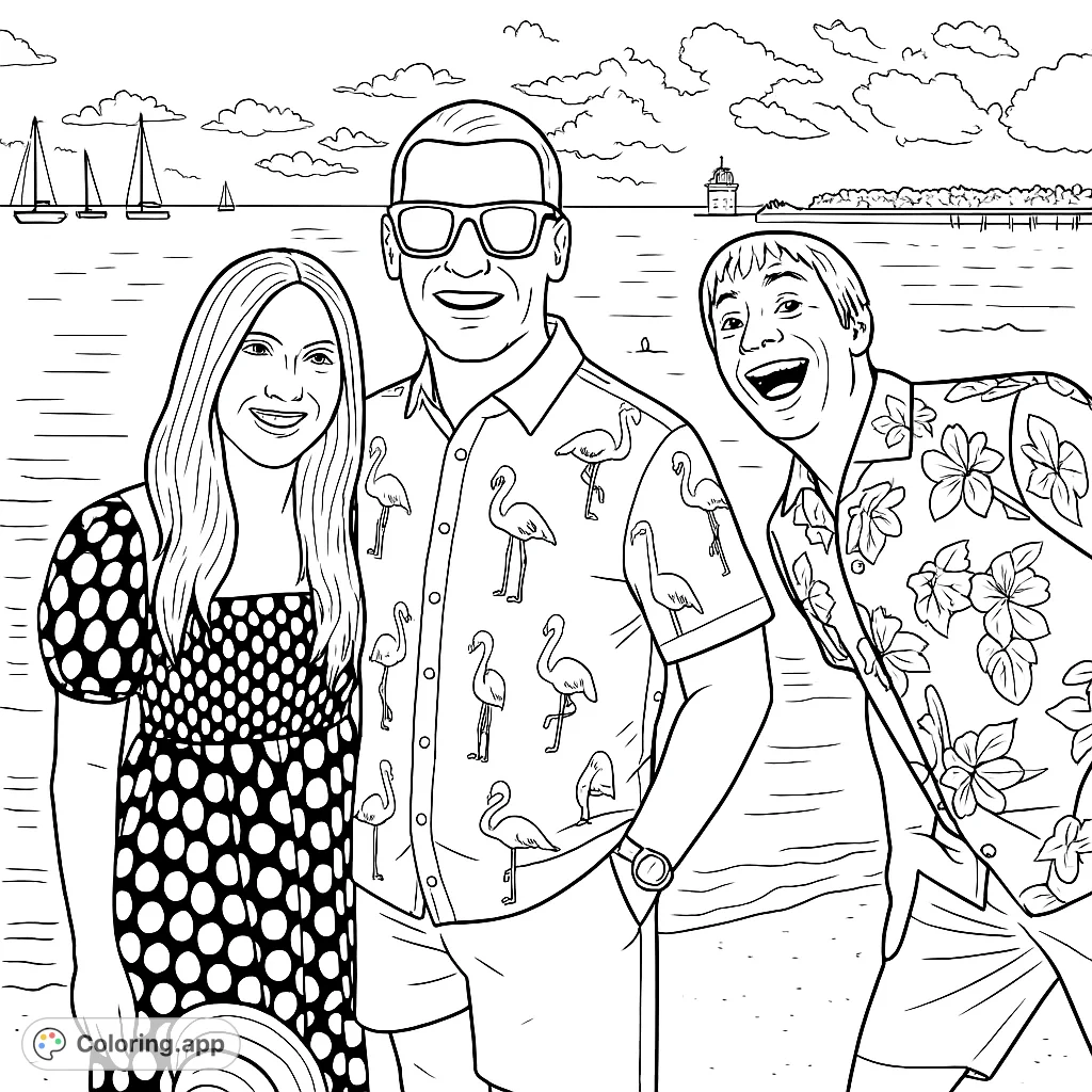 A joyful group of friends captured on a tropical beach at dusk, featuring polka dot and flamingo patterns, sailboats, and a serene ocean backdrop.