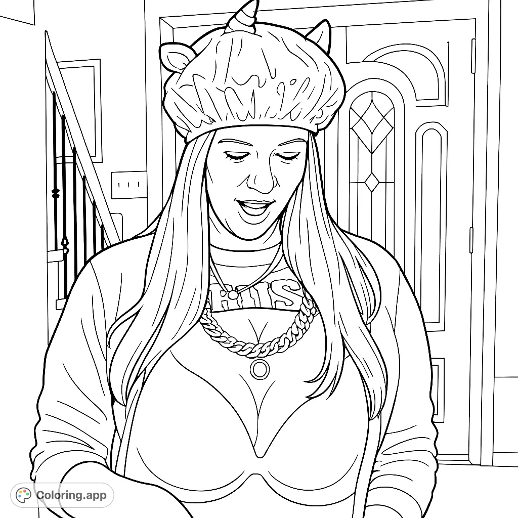 A whimsical coloring page featuring a person in a playful unicorn hat and a humorous apron with an illusionary necklace. Perfect for lighthearted creativity.