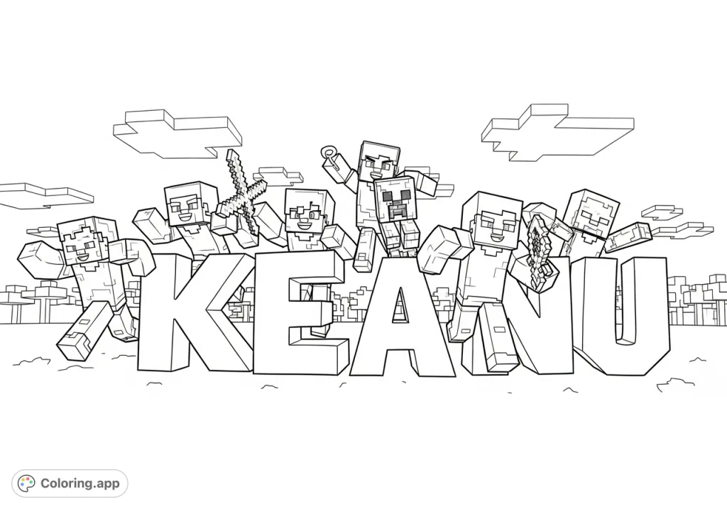 Join Steve, Alex, Creeper, and Zombie as they burst from blocky 'Keanu' letters in this dynamic Minecraft scene! A personalized adventure awaits.