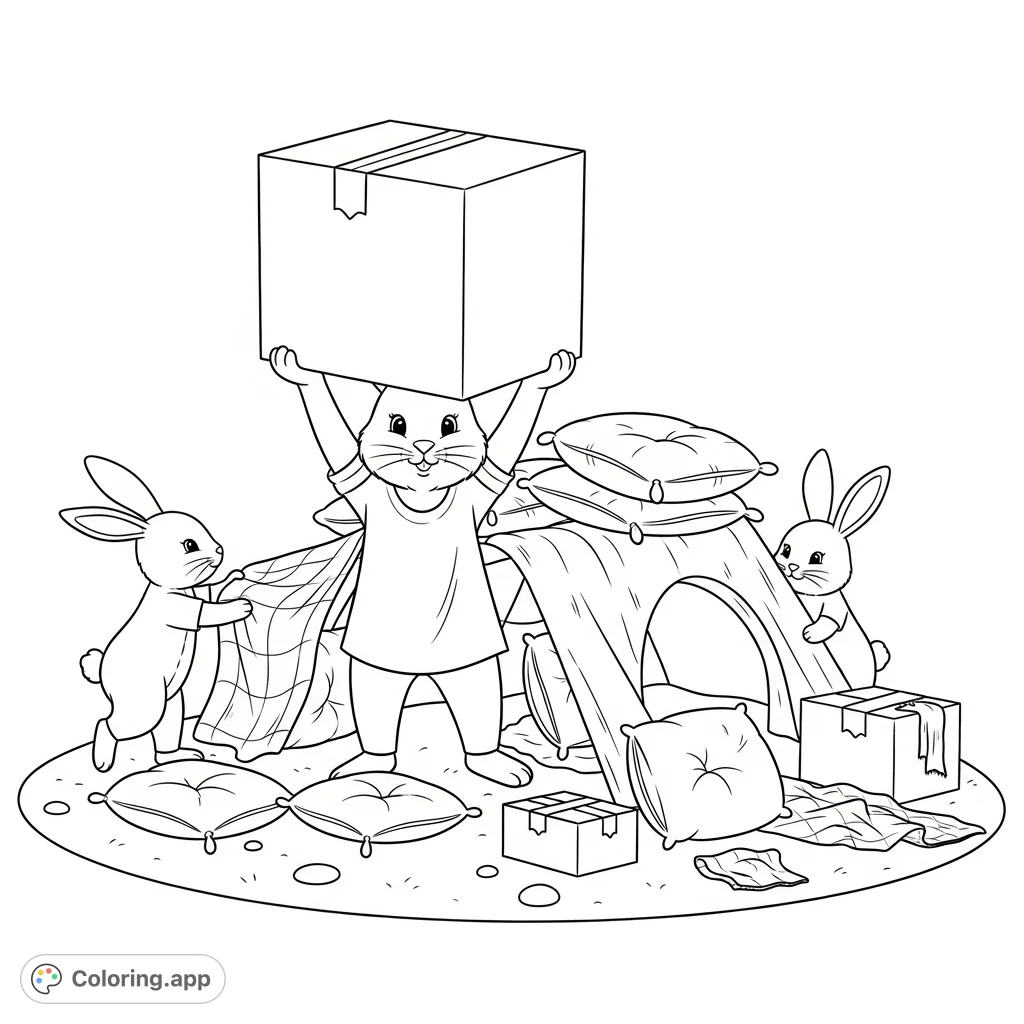 A heartwarming bunny family coloring page! Watch a group of adorable bunnies teamwork to construct an imaginative fort with boxes and blankets.