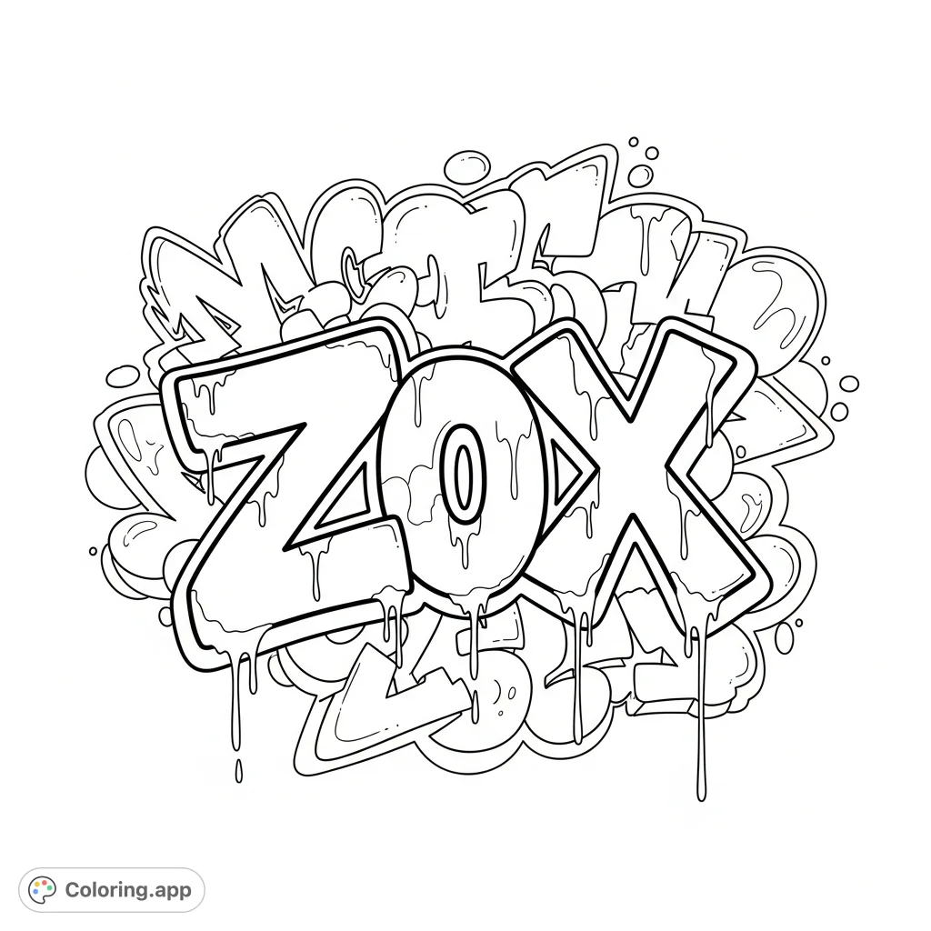 A cool graffiti coloring page featuring 'Zox' in bubble writing amidst abstract shapes and dynamic drips. A fun, free printable abstract coloring page for creative expression.