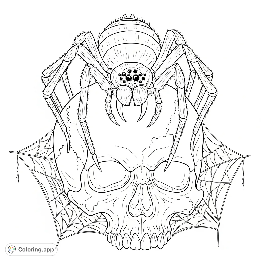 A chilling fanged spider rests on a cracked skull, entangled in a spooky web. Perfect for a gothic-themed coloring page.
