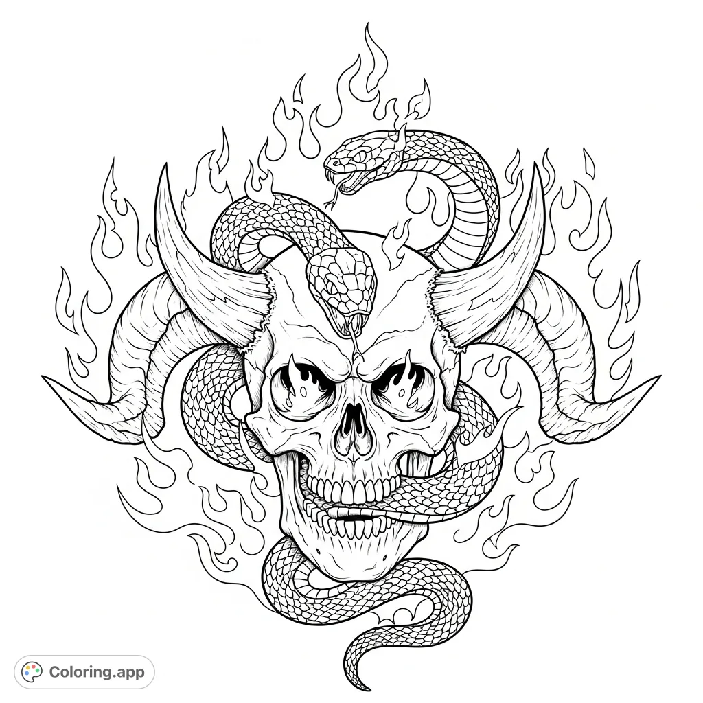 A striking skull with realistic horns, entwined by a snake amidst dynamic flames. Experience a scary, fiery scene in this detailed coloring page.