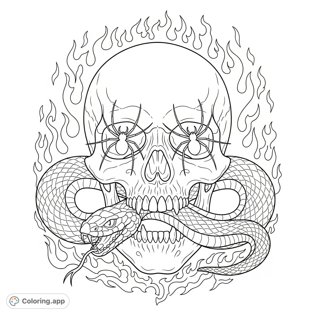An intense skull coloring page featuring a snake emerging from its mouth, surrounded by fire, and two detailed funnel web spiders from the eye sockets. Perfect for dark fantasy enthusiasts.