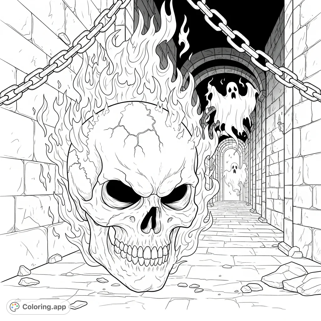 An angry, flaming skull with realistic details and heavy chains is set within a spooky dungeon, with ghostly figures lurking. A truly terrifying scene.