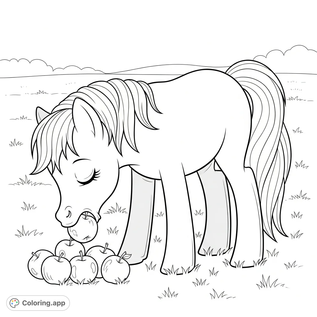 A delightful pony coloring page featuring a happy pony gently eating sweet apples on the ground. Perfect for a joyful coloring experience with an adorable animal theme.