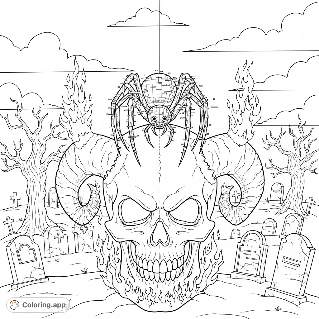 A cartoon creepy big skull with fiery horns, topped by a radioactive glitchy spider, set in a desolate graveyard. A spooky challenge for colorists.