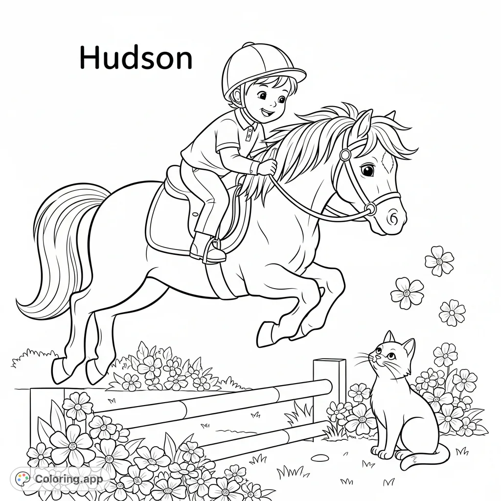 A delightful pony coloring page featuring Hudson riding a cute pony mid-jump, with a curious cat watching nearby amidst a scattering of flowers. Perfect for joyful coloring!