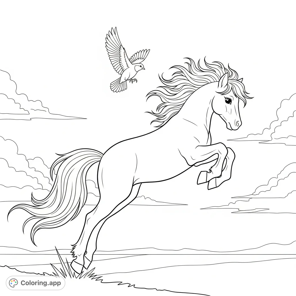 A graceful pony jumps through an open sky with a bird flying nearby, creating a serene and captivating scene perfect for coloring enthusiasts.
