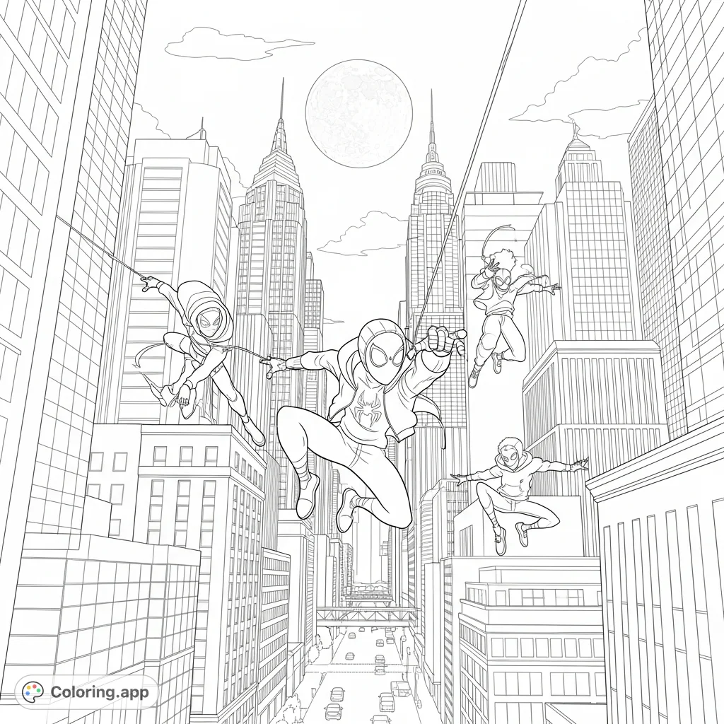 Join Miles Morales and his two friends swinging through a dynamic New York City skyline under moonlight. An exciting superhero adventure!