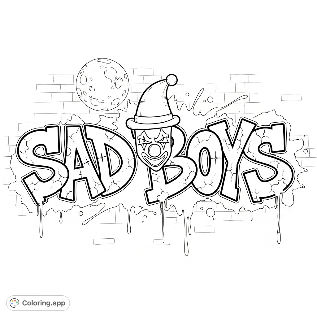 Bold graffiti art featuring "SAD BOYS" text with a clown hat on the 'D,' set against an ominous full moon. A unique and scary graffiti coloring page.