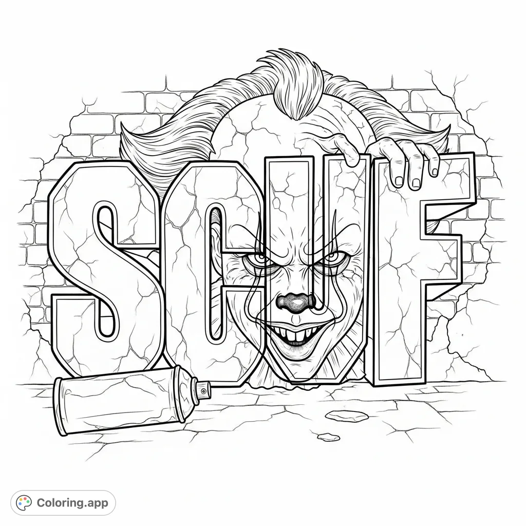 Unleash your creativity on this realistic graffiti coloring page featuring the word "SCUF" intertwined with a terrifying, Pennywise-like clown face and a spray can.