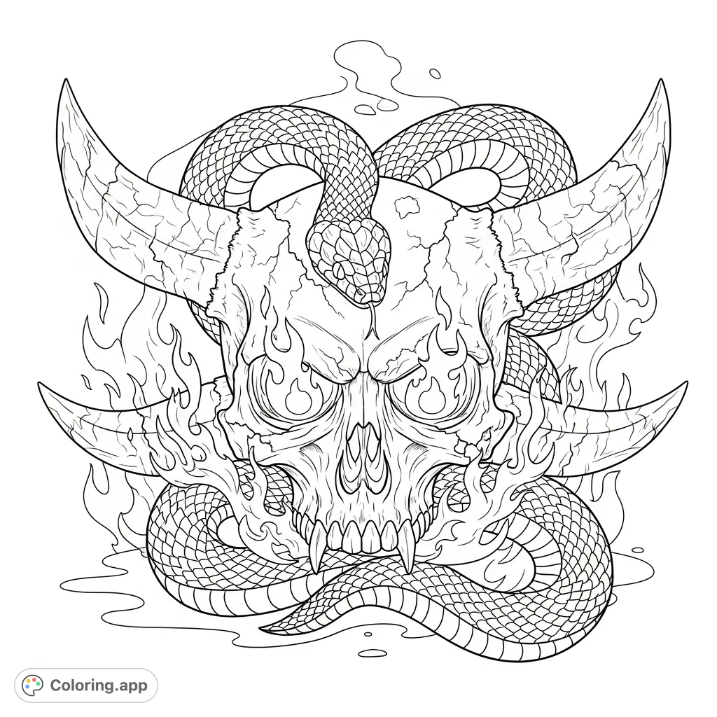 An eerie horned skull featuring a coiled snake, smoldering fire, and intense glowing eyes. A challenging and captivating skull with snake coloring page.