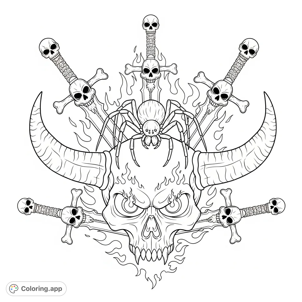 A detailed spider rests on a horned skull with fiery eyes and intricate skull swords, perfect for adult coloring pages.