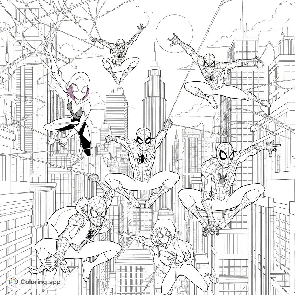 A thrilling Spiderman coloring page featuring Spiderman and his spider-friends web-slinging through a detailed cityscape under a moonlit night.