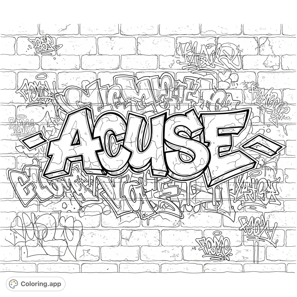 Explore a detailed graffiti coloring page featuring the bold "Acuse" tag on a textured brick wall, surrounded by intricate street art. A realistic urban display.