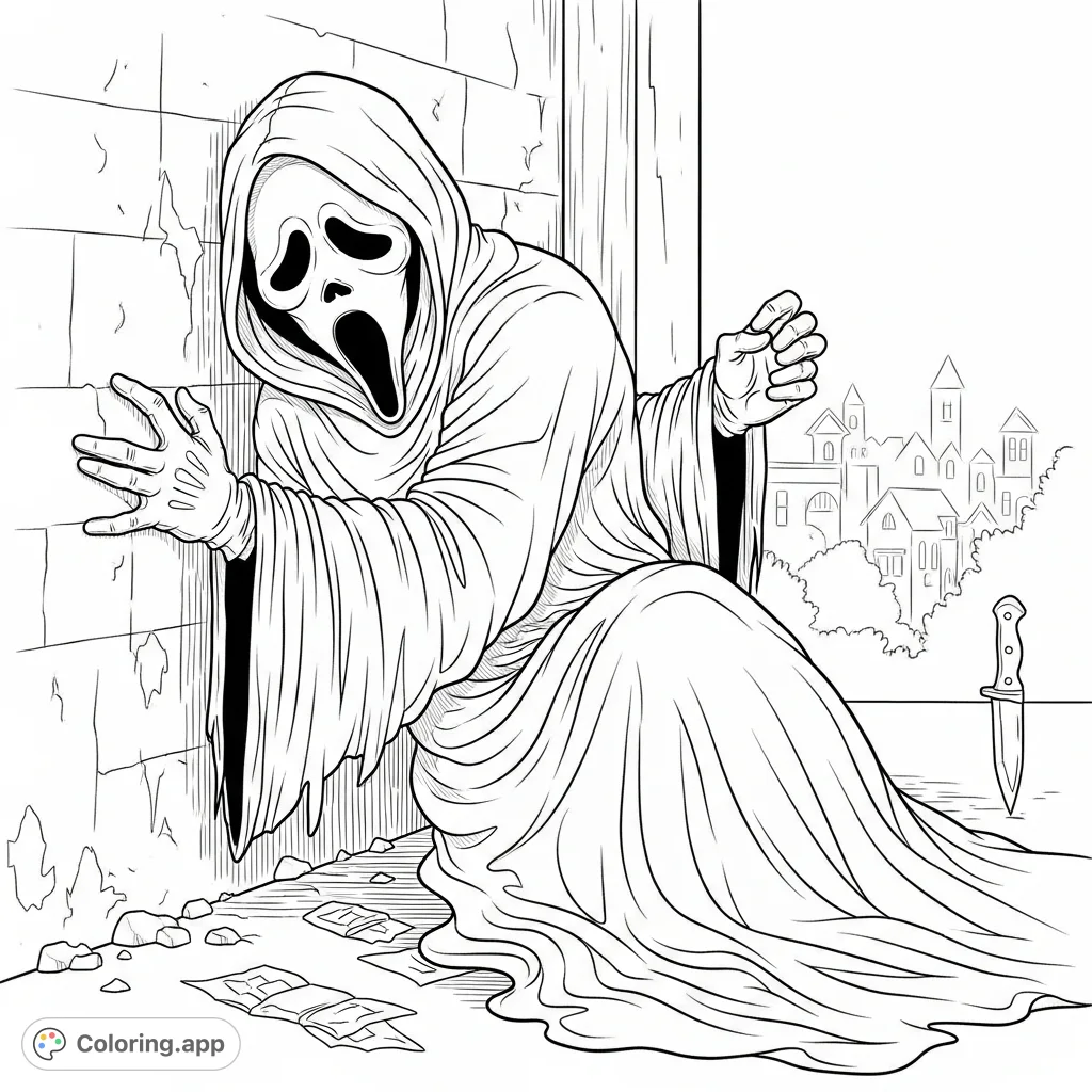 Explore the psychological depth of Ghostface in this intense coloring page, depicting the iconic figure in a vulnerable moment of breakdown against a textured wall.