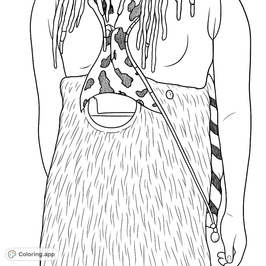 Explore a unique figure adorned in textured fur and patterned elements, featuring a distinctive circular cutout. An artistic challenge.