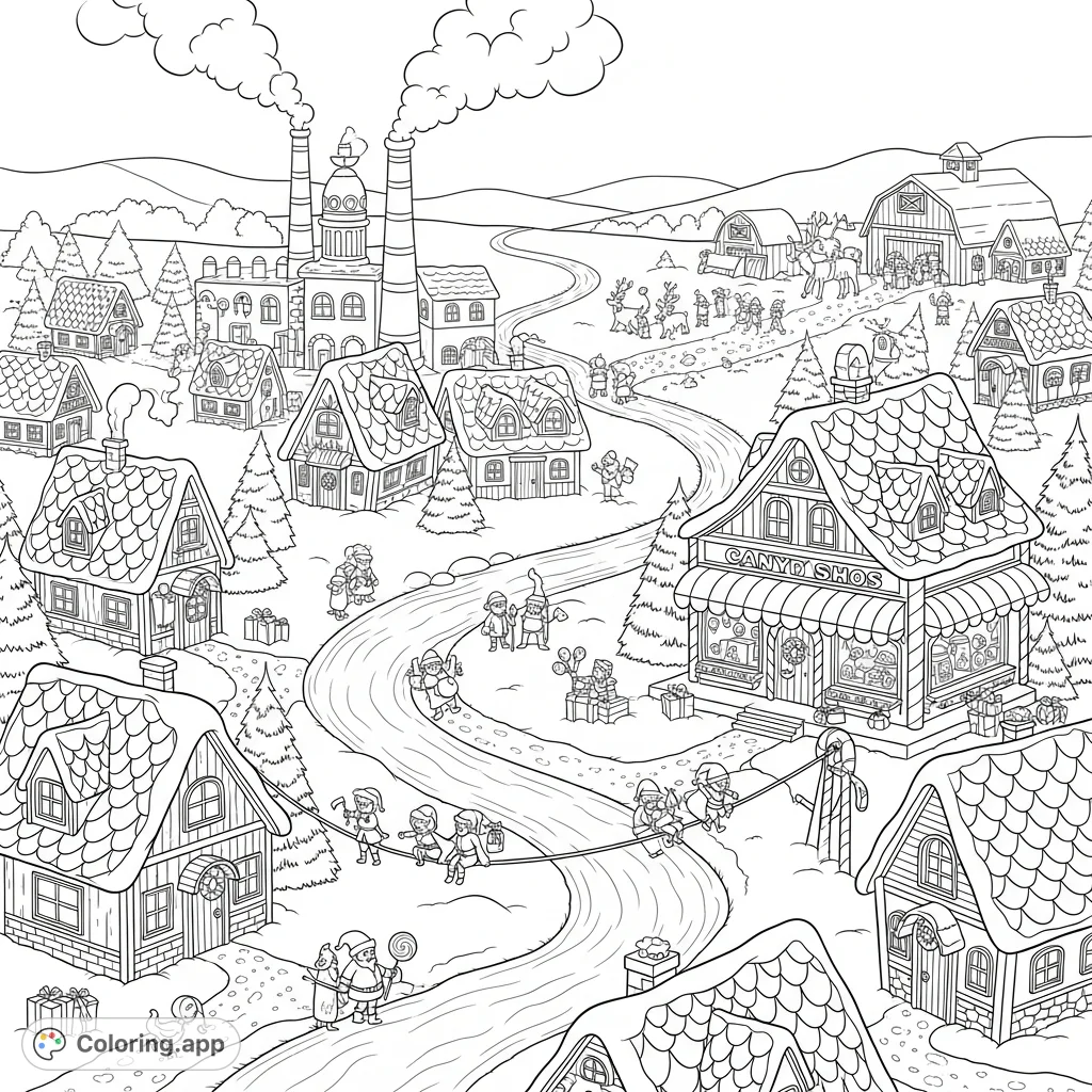 Explore a festive Christmas village with elf houses, a candy factory, and a candy cane river. Perfect for detailed coloring fun!