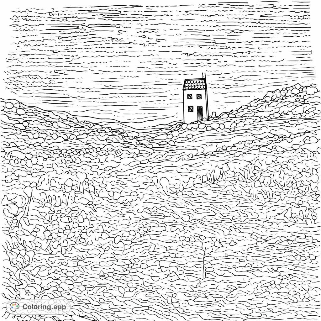 A charming tower rises on a rugged coastline, overlooking vast, textured waters beneath a dynamic, cloud-filled sky. Immerse yourself in this atmospheric coastal landscape.