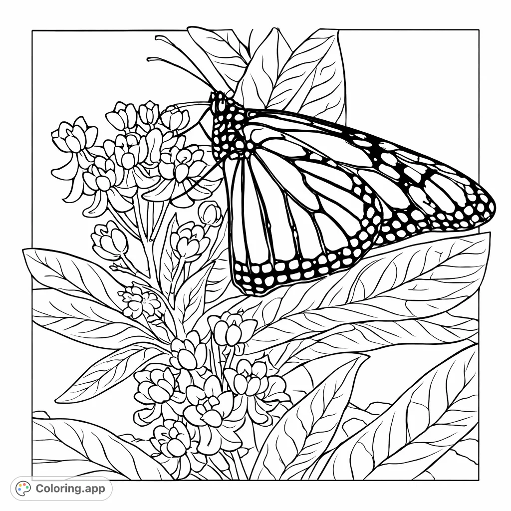 A detailed butterfly rests gracefully on a cluster of blossoms, surrounded by foliage. A beautiful nature scene perfect for intricate coloring.