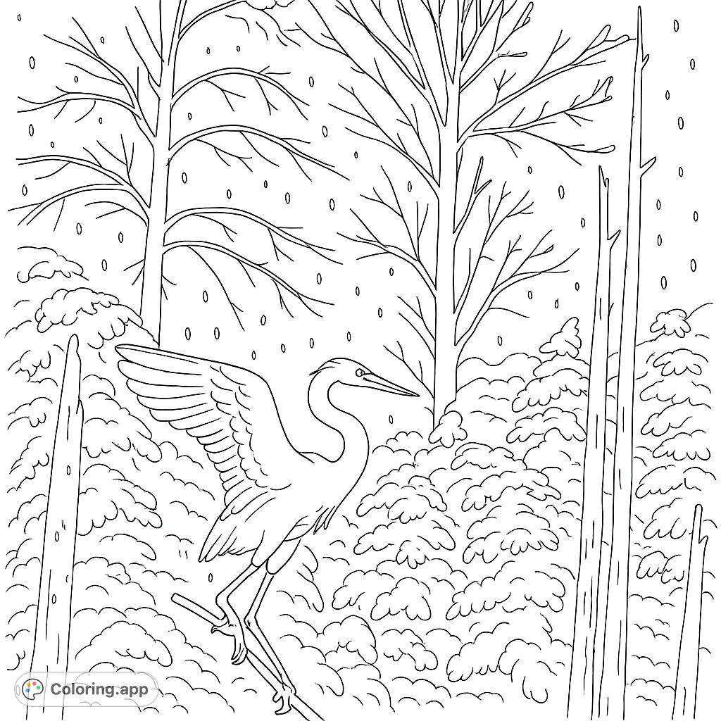An elegant heron-like bird statue with spread wings, perched against a wintry forest backdrop with detailed trees and rain droplets on a window pane.