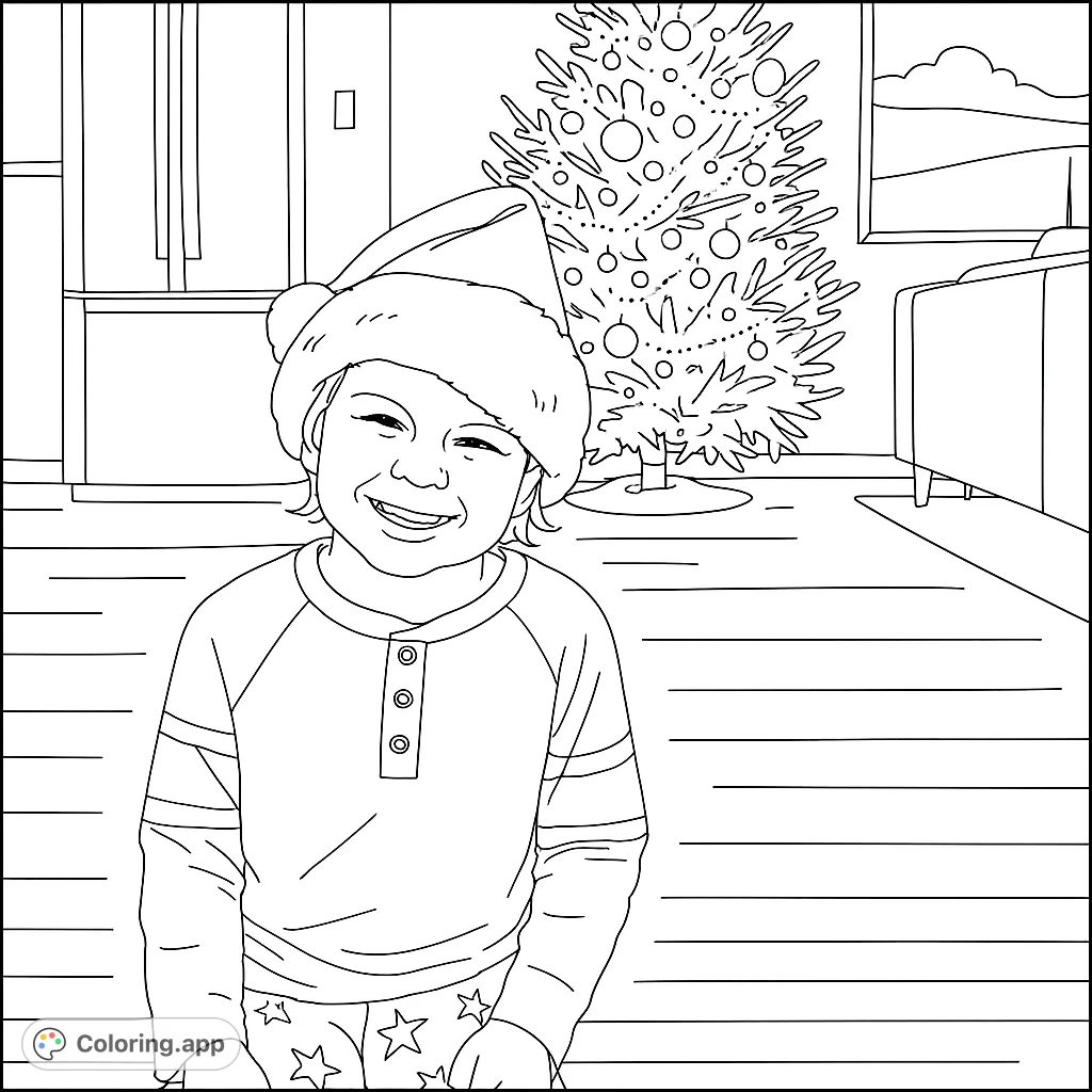 A joyful child in a festive hat sits before a decorated tree. This delightful image captures a heartwarming moment, perfect for creative coloring.