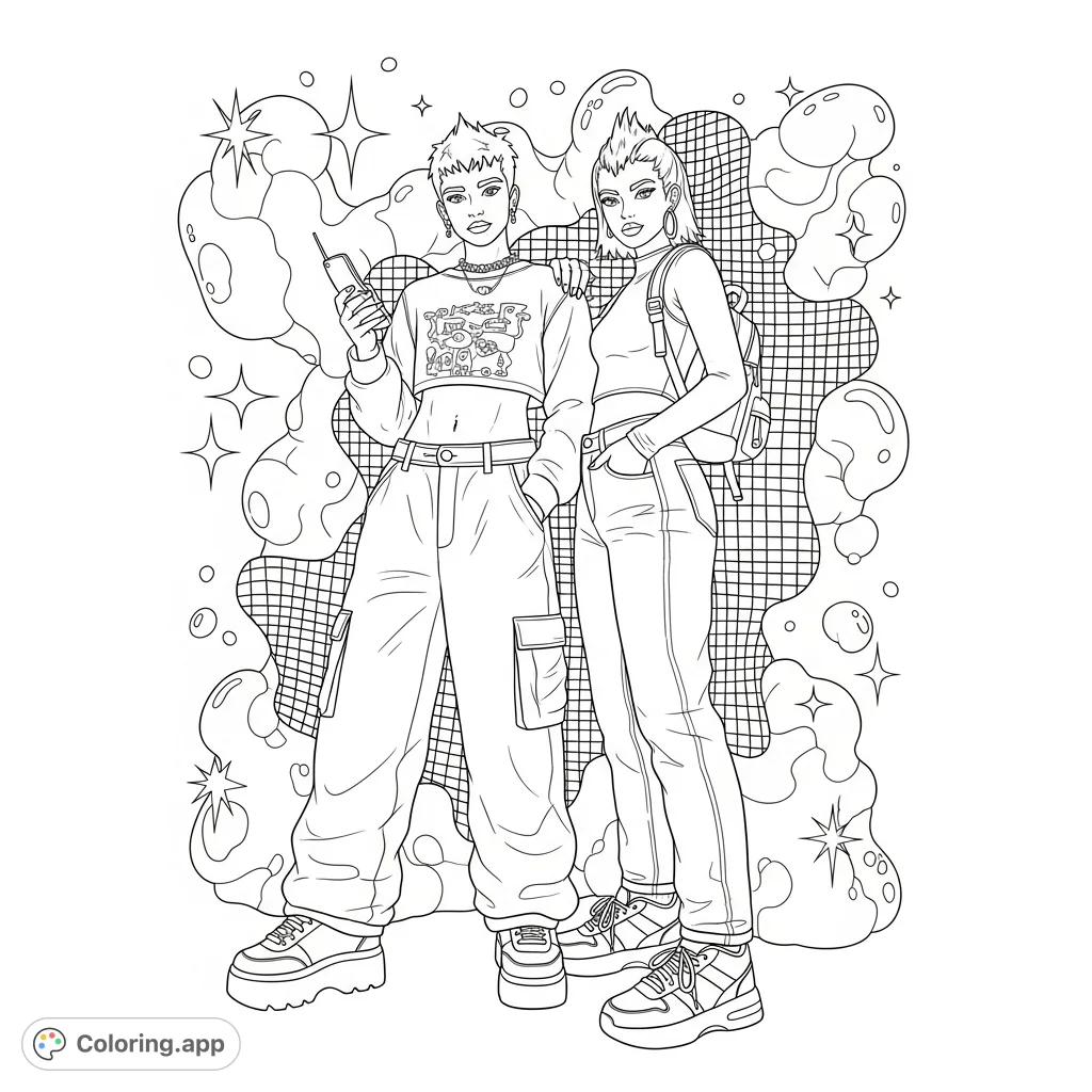 A fun Y2K couple coloring page featuring a duo in iconic early 2000s fashion. Perfect for nostalgia and creative expression.