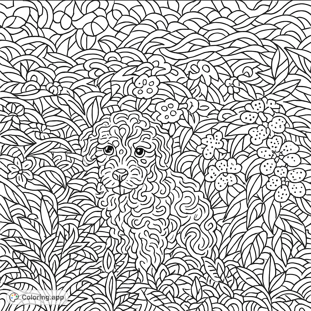 An adorable fluffy puppy with curly fur sits nestled among a vibrant garden of abstract blossoms and foliage, perfect for creative coloring.