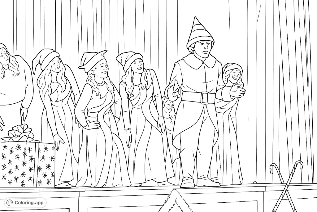 A fun festive elf stage performance featuring a central character in a classic elf suit surrounded by performers in striped gowns and holiday hats, with gifts and decorations.