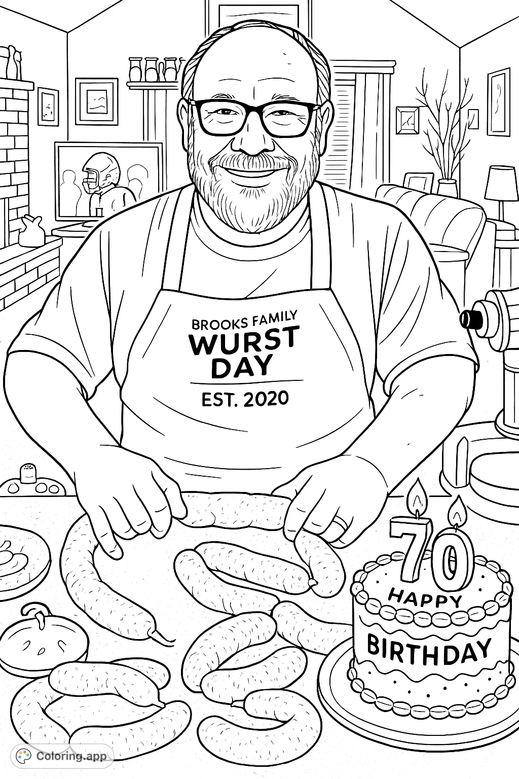 A cheerful man crafting homemade sausages, surrounded by kitchen tools and a festive 70th Birthday Cake. A unique culinary and celebratory scene.
