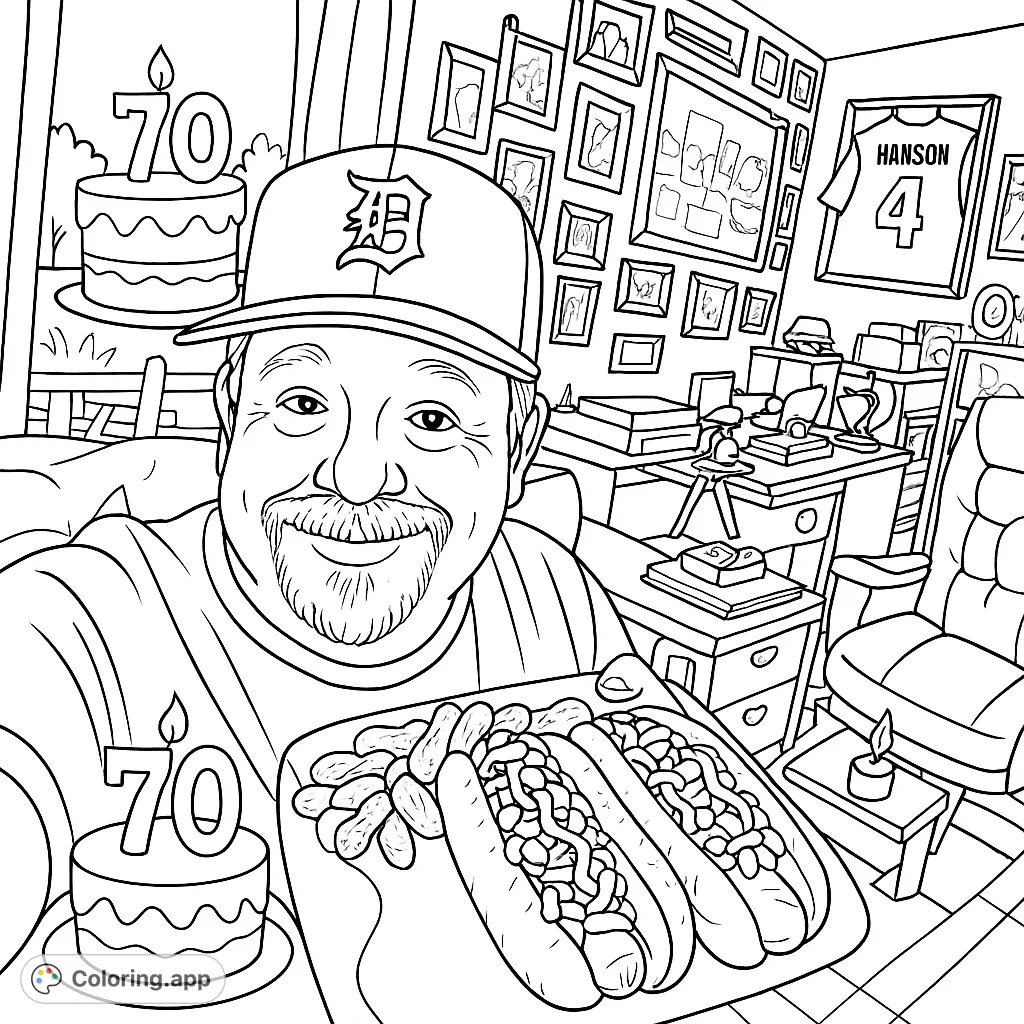 Celebrate a special 70th birthday with this unique coloring page featuring a smiling man, his hot dog meal, a pile of peanuts, and a festive birthday cake.
