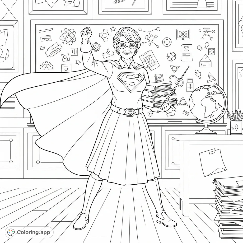 Celebrate Mrs Margot, the super teacher and grandma, soaring through a classroom filled with learning tools. A dynamic design perfect for Mother's Day!
