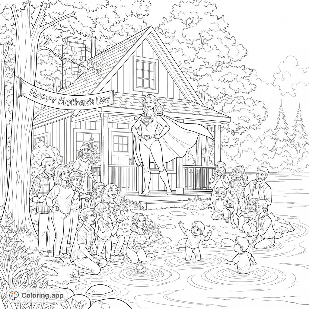 Celebrate Mom as a superhero at a lakeside cottage with her loving family. A heartwarming Mother's Day scene perfect for honoring extraordinary mothers.