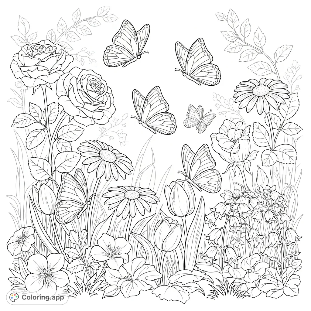 Discover a serene flowers and butterflies coloring page. Featuring a garden scene with diverse blossoms and delicate butterflies, perfect for a relaxing creative escape.