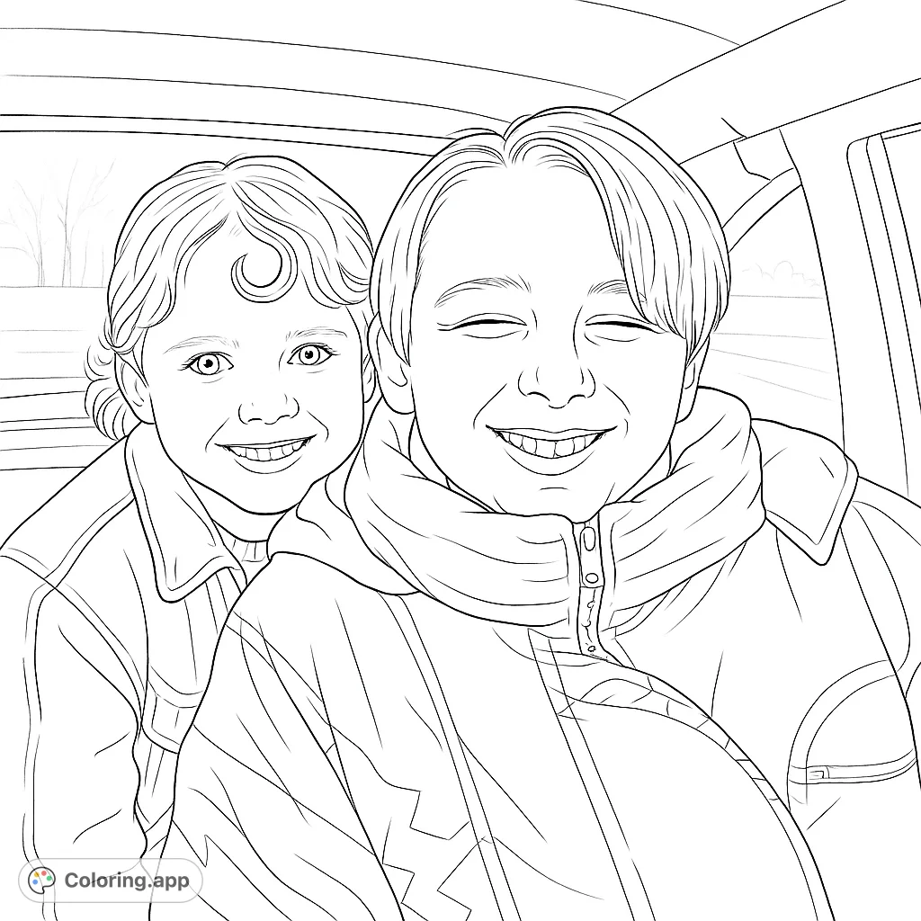 Two joyful children bundled up in a car, sharing a happy moment against a winter backdrop. Perfect for a cozy and heartwarming coloring adventure.